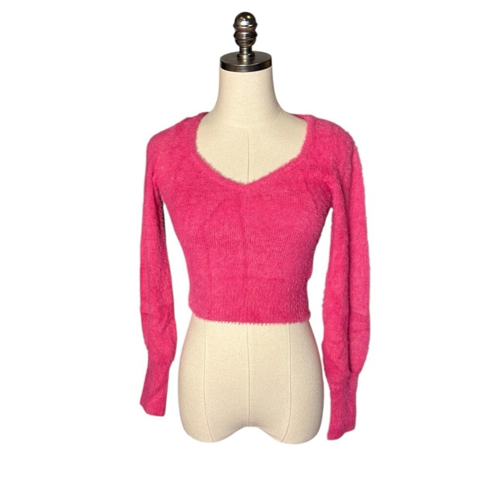 Sincerely Jules Cropped Sweater Hot Pink Fuzzy Ladies XS